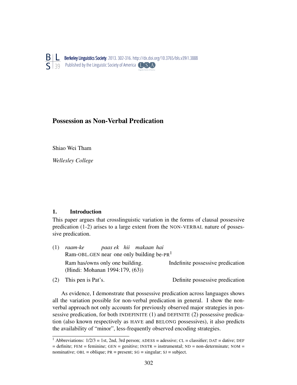 Possession As Non-Verbal Predication 39