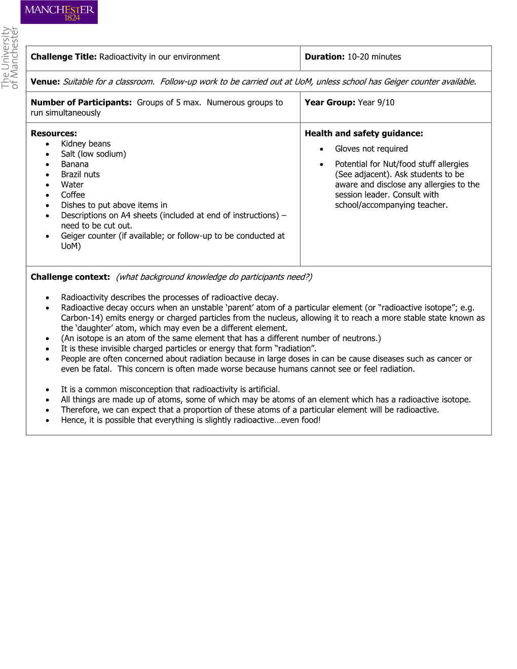 Suitable for a Classroom. Follow-Up Work to Be Carried out at Uom, Unless School Has Geiger Counter Available. Challenge