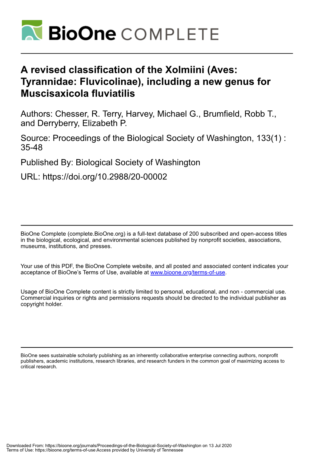 A Revised Classification of the Xolmiini (Aves: Tyrannidae: Fluvicolinae), Including a New Genus for Muscisaxicola Fluviatilis