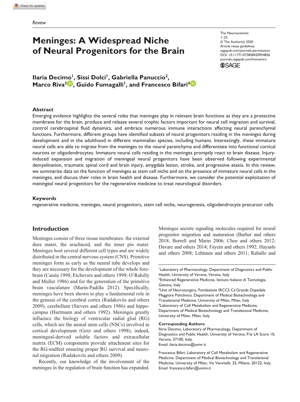 Meninges: a Widespread Niche of Neural Progenitors for the Brain