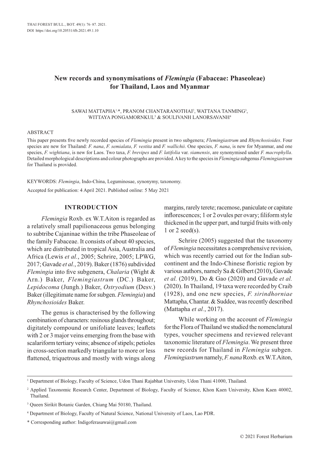 New Records and Synonymisations of Flemingia (Fabaceae: Phaseoleae) for Thailand, Laos and Myanmar