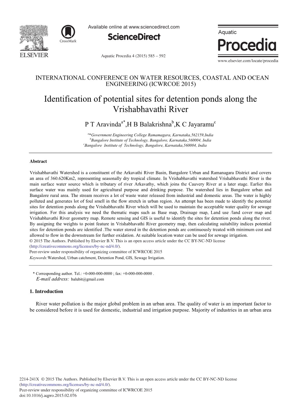 Identification of Potential Sites for Detention Ponds Along the Vrishabhavathi River