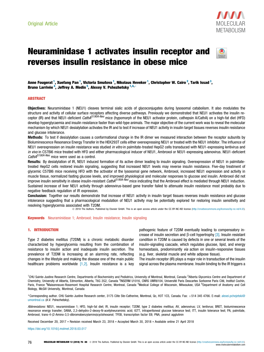 Neuraminidase 1 Activates Insulin Receptor and Reverses Insulin Resistance in Obese Mice