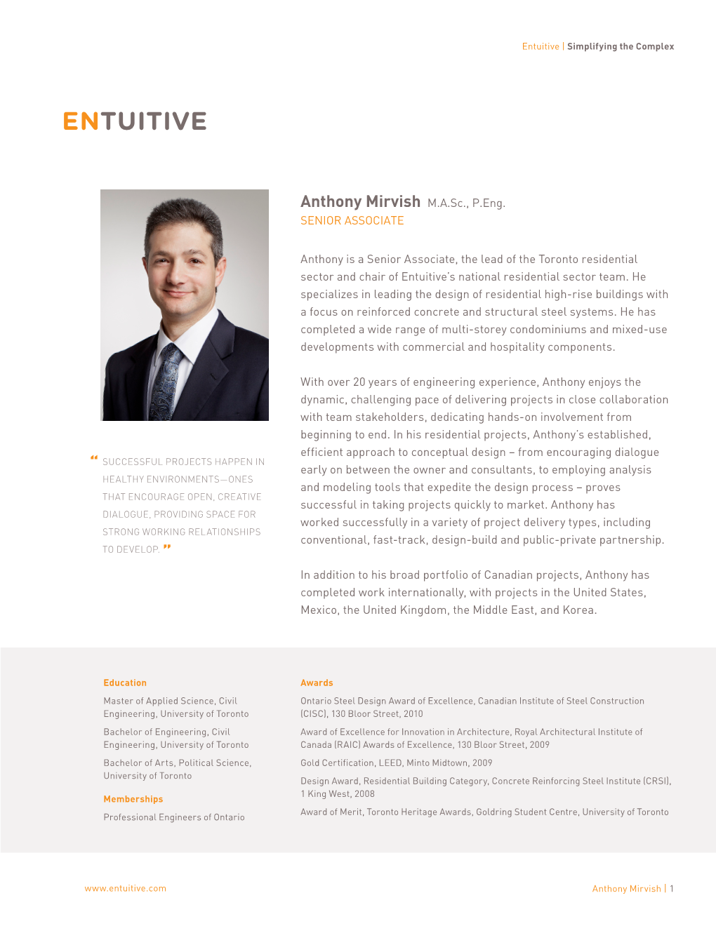 Anthony Mirvish M.A.Sc., P.Eng. SENIOR ASSOCIATE