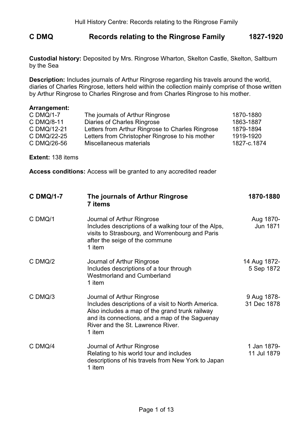 C DMQ Records Relating to the Ringrose Family 1827-1920