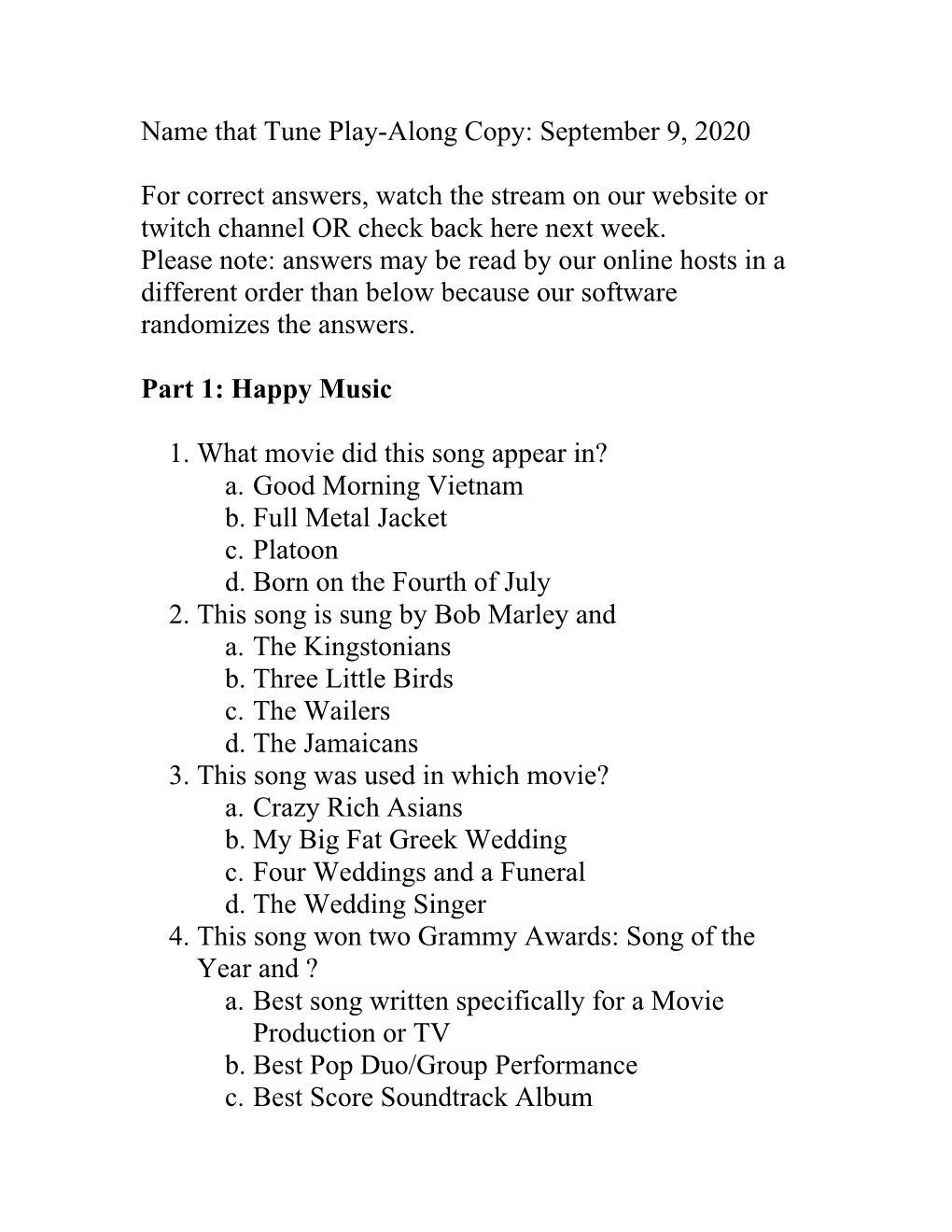 Name That Tune Play-Along Copy: September 9, 2020 for Correct Answers, Watch the Stream on Our Website Or Twitch Channel OR Chec