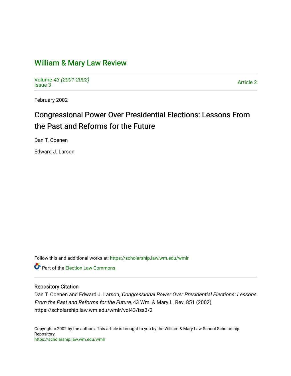 Congressional Power Over Presidential Elections: Lessons from the Past and Reforms for the Future