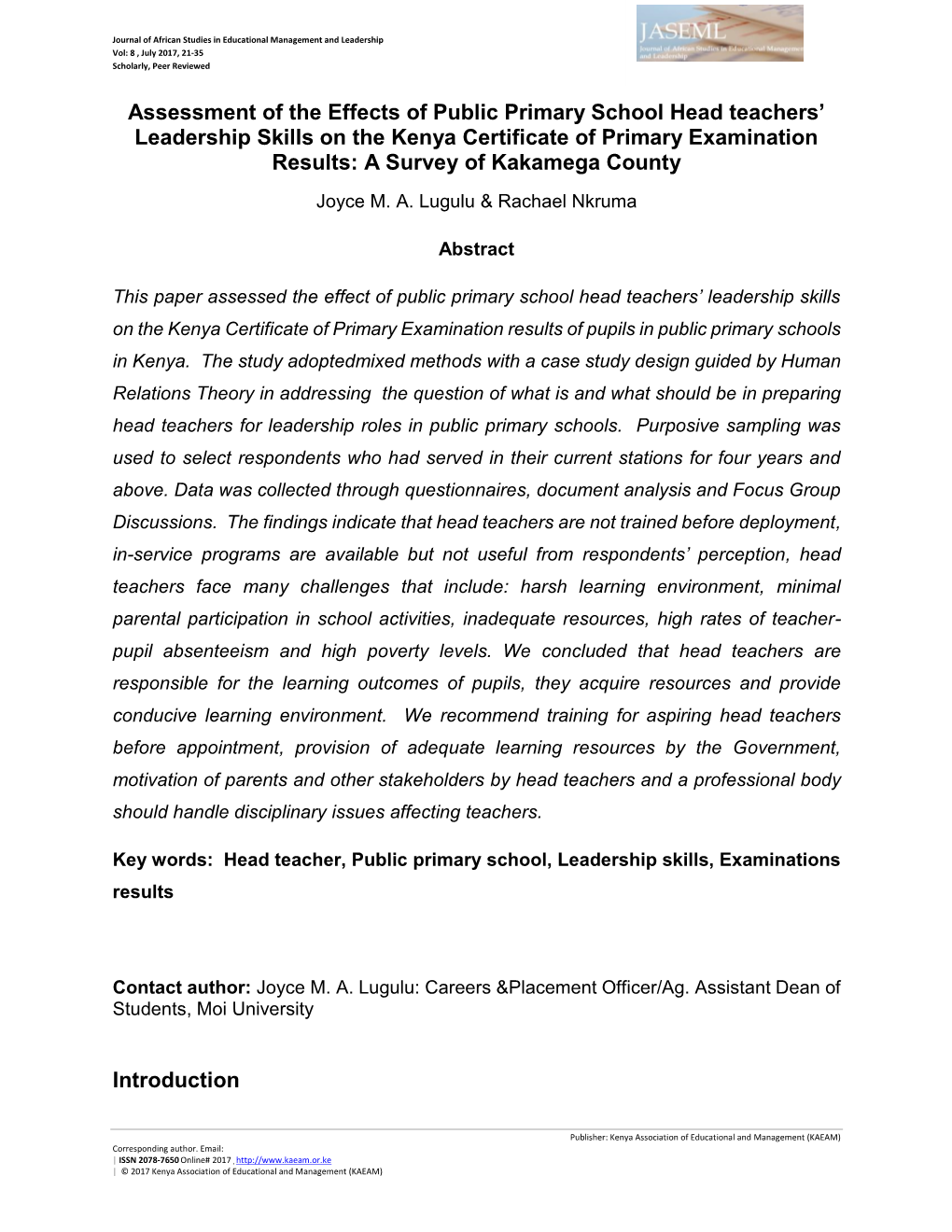 Assessment of the Effects of Public Primary School Head Teachers