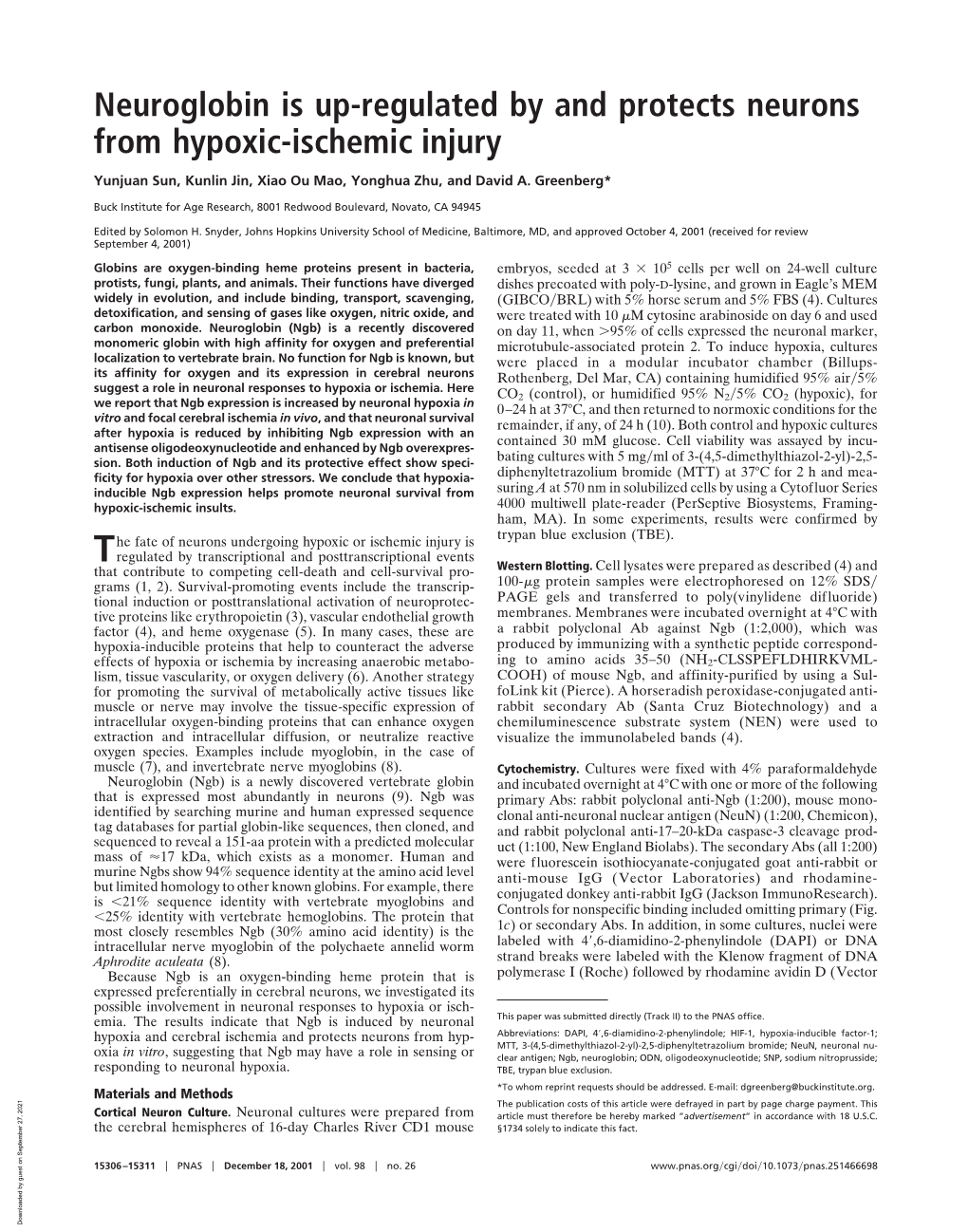 Neuroglobin Is Up-Regulated by and Protects Neurons from Hypoxic-Ischemic Injury