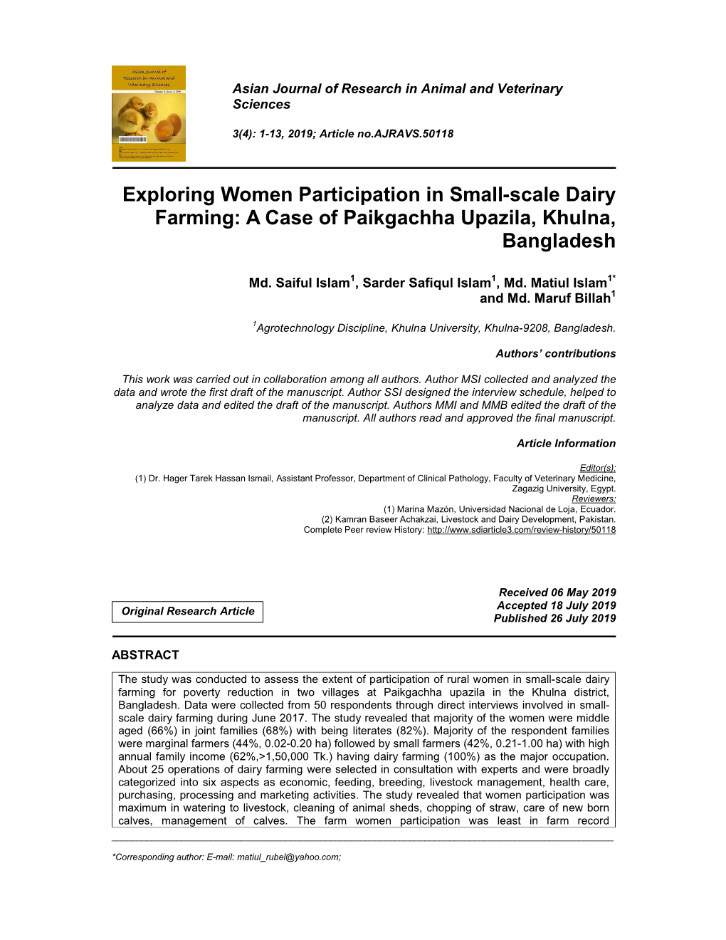 Exploring Women Participation in Small-Scale Dairy Farming: a Case of Paikgachha Upazila, Khulna, Bangladesh