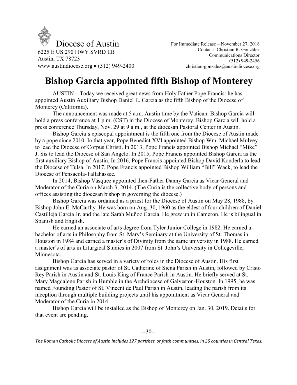 Bishop Garcia Appointed Fifth Bishop of Monterey