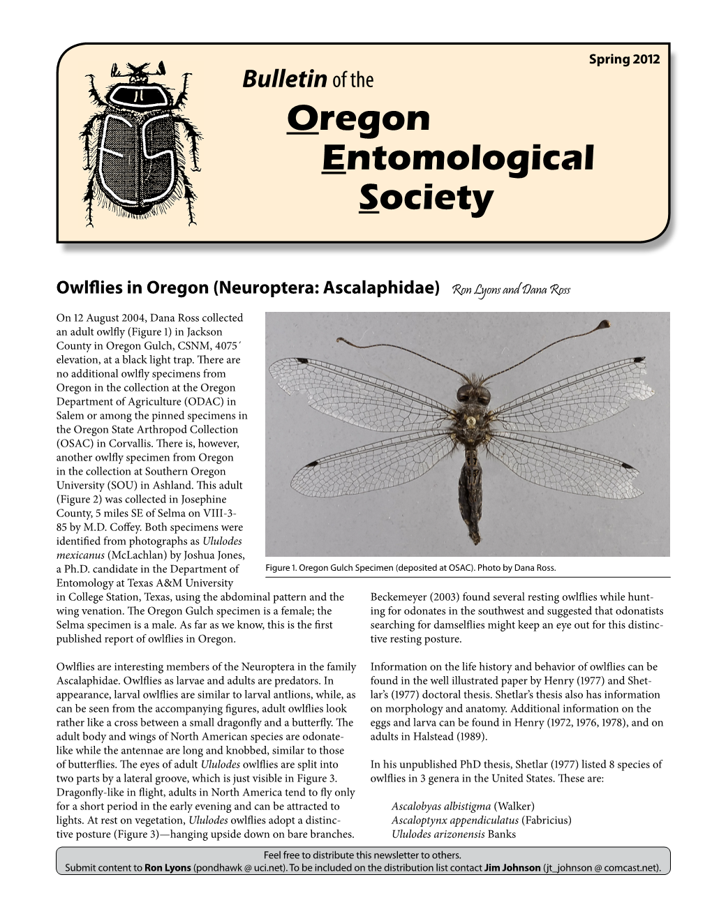 Spring 2012 Bulletin of the Oregon Entomological Society