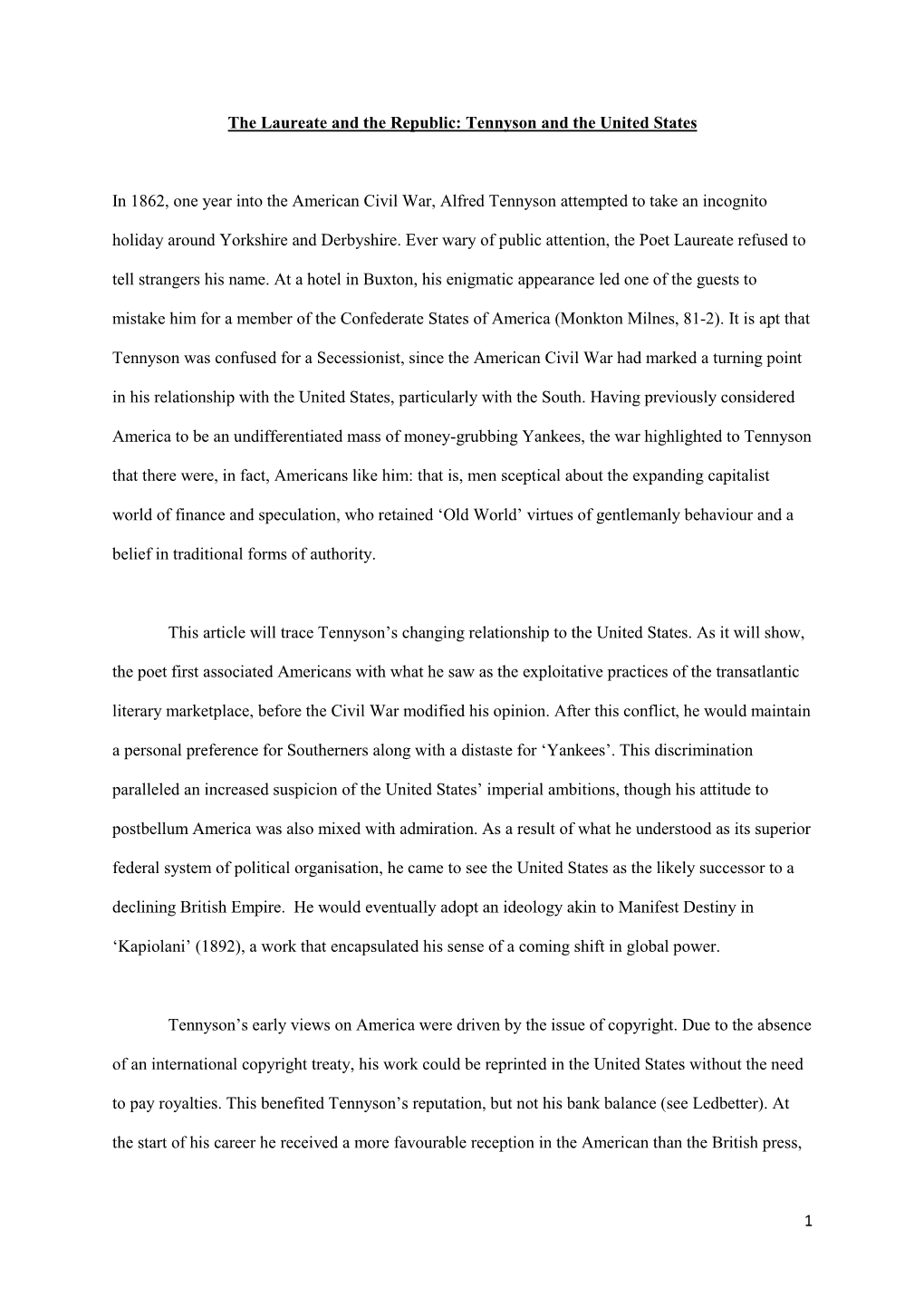 1 the Laureate and the Republic: Tennyson and the United States in 1862, One Year Into the American Civil War, Alfred Tennyson A