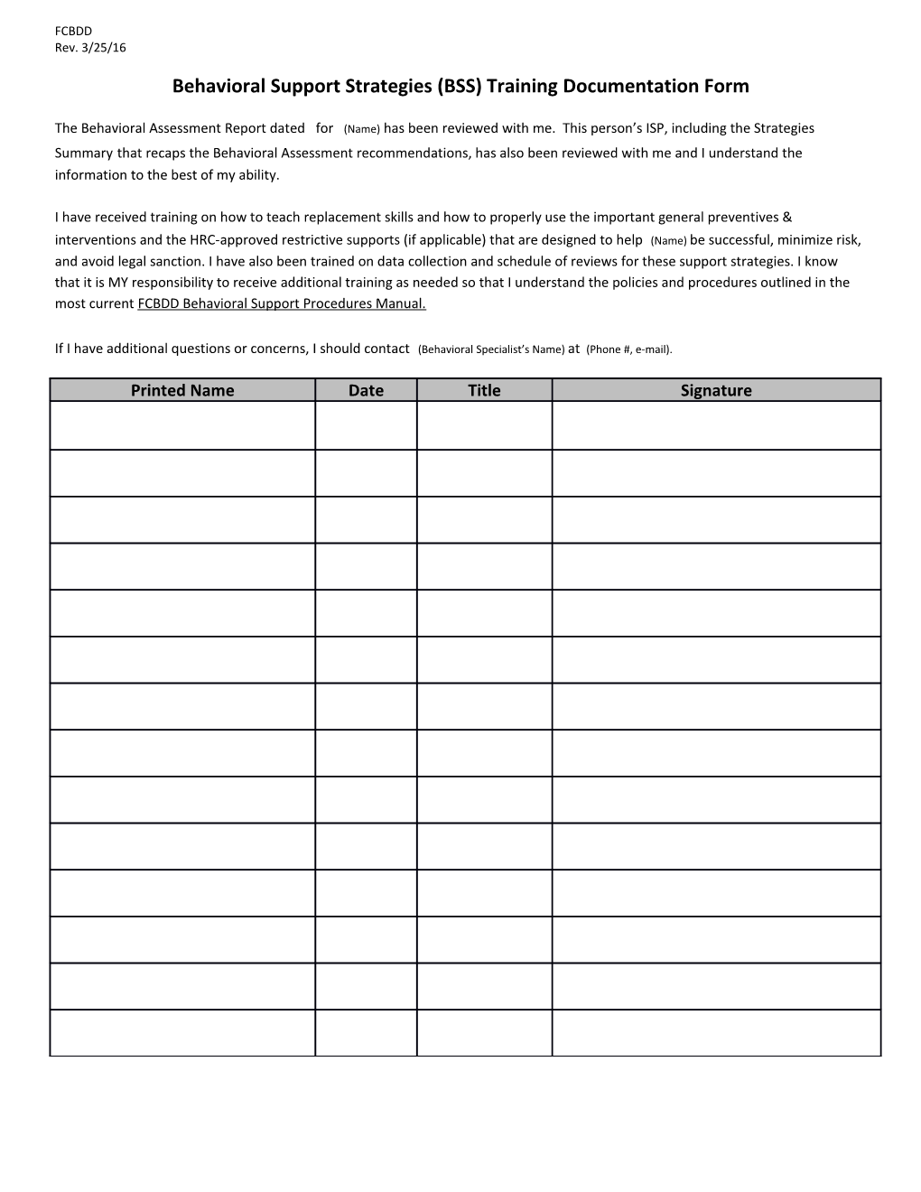 Behavioral Support Strategies (BSS) Training Documentation Form