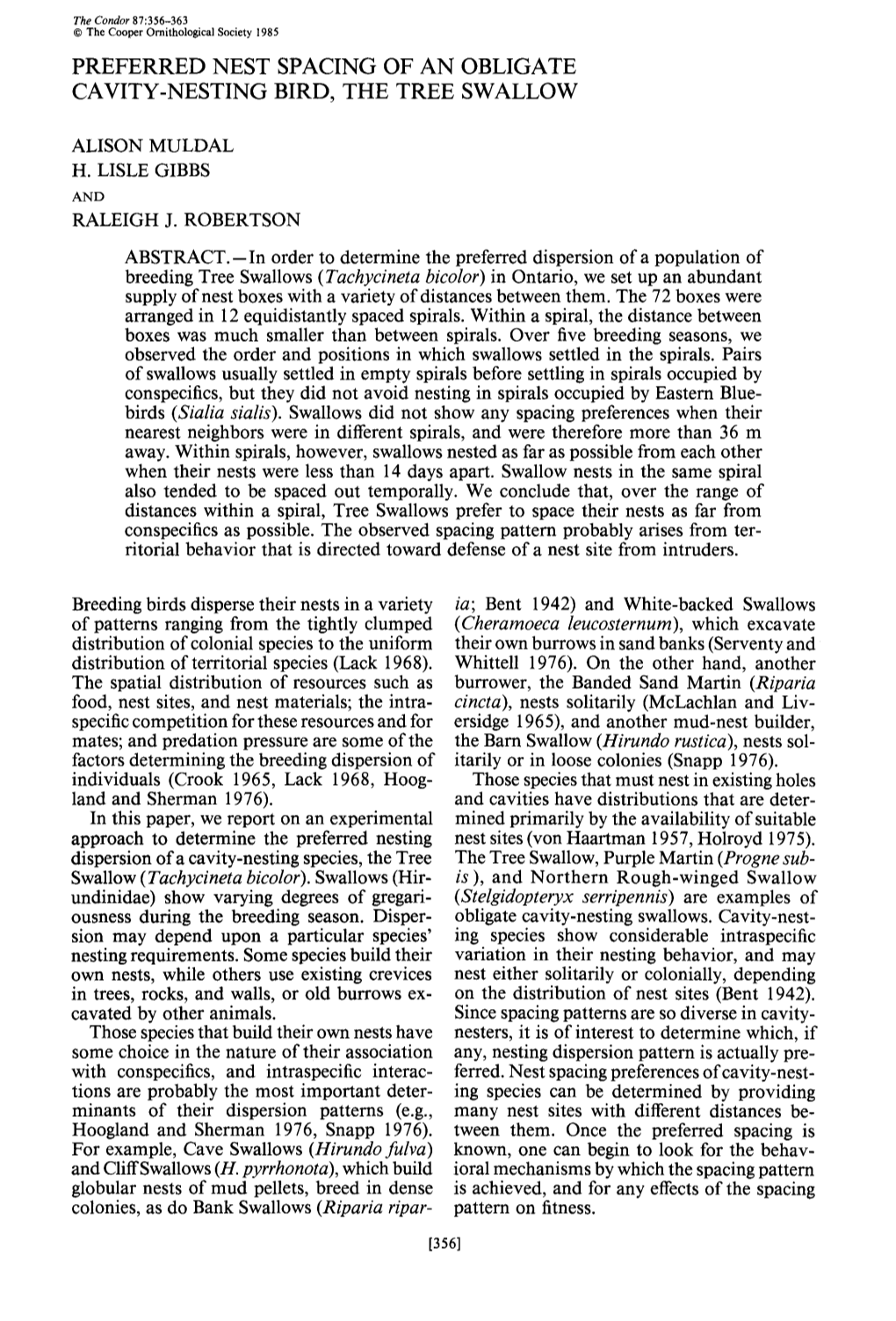 Preferred Nest Spacing of an Obligate Cavity-Nesting Bird, the Tree Swallow