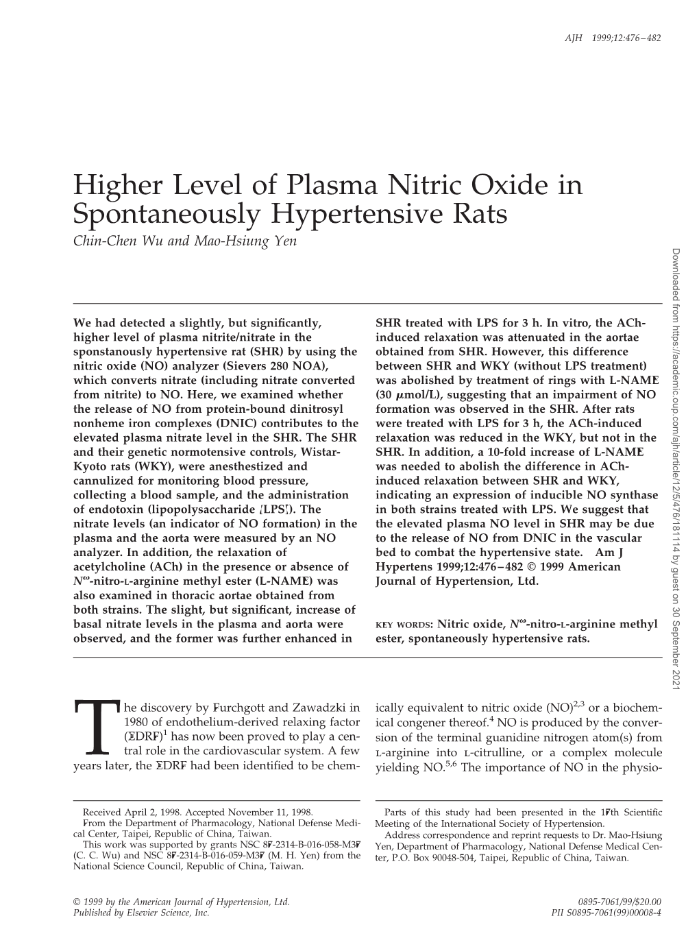 Higher Level of Plasma Nitric Oxide in Spontaneously Hypertensive Rats