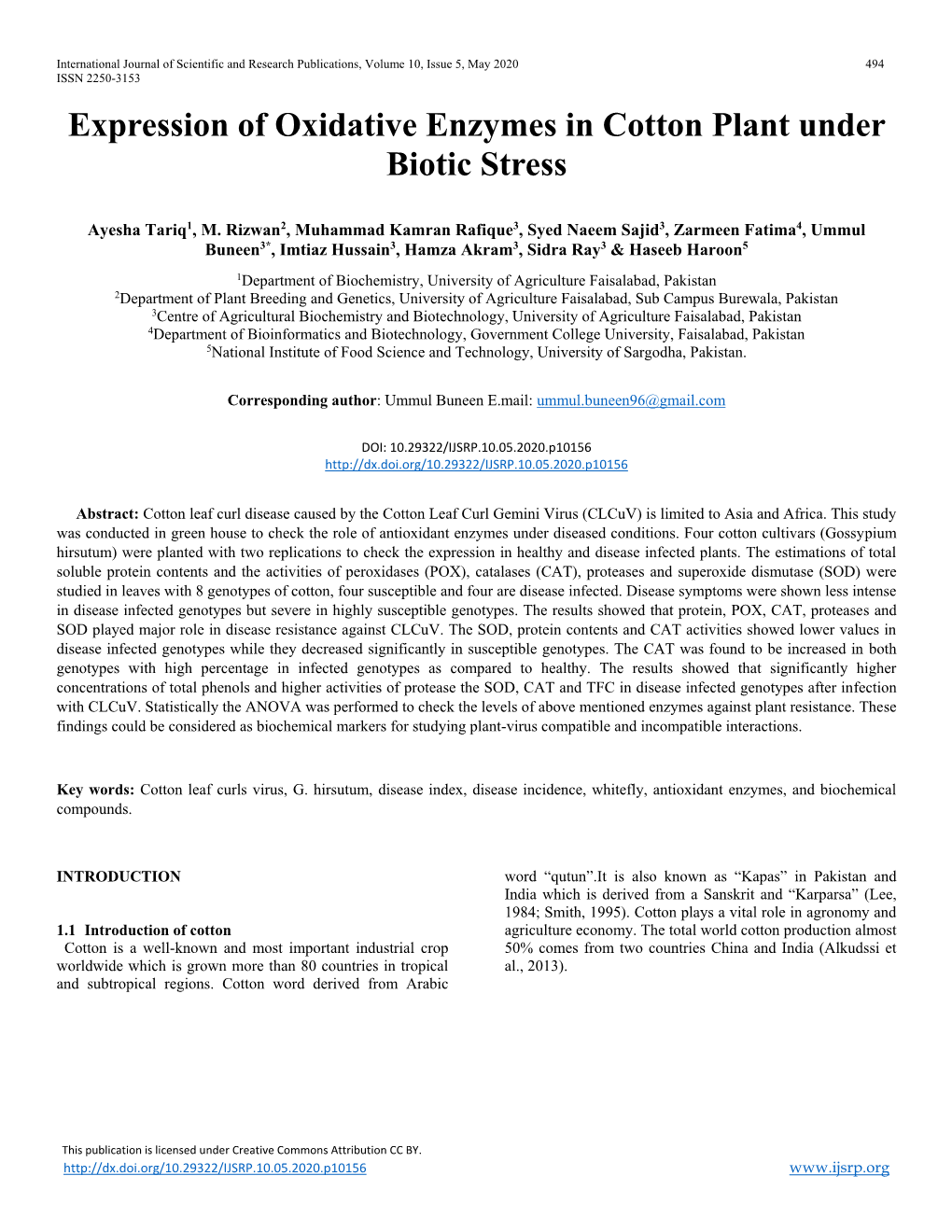 Expression of Oxidative Enzymes in Cotton Plant Under Biotic Stress