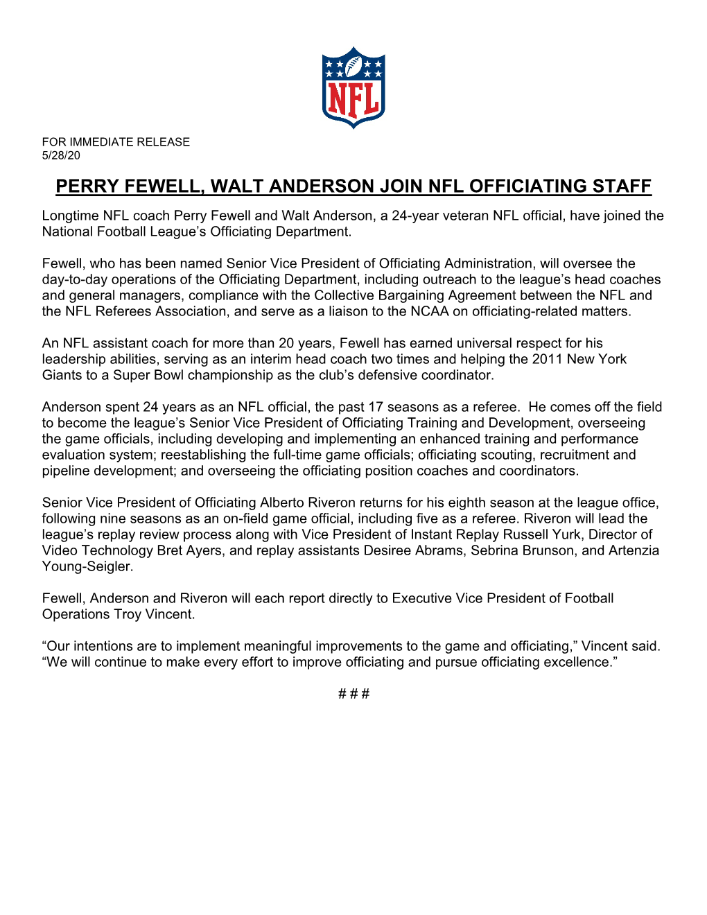 Perry Fewell, Walt Anderson Join Nfl Officiating Staff