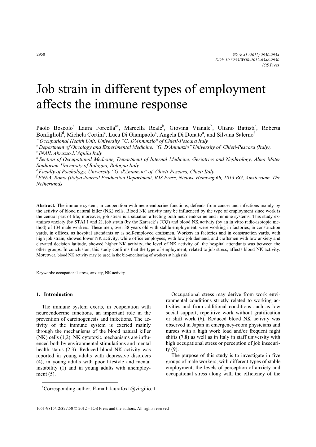 Job Strain in Different Types of Employment Affects the Immune Response