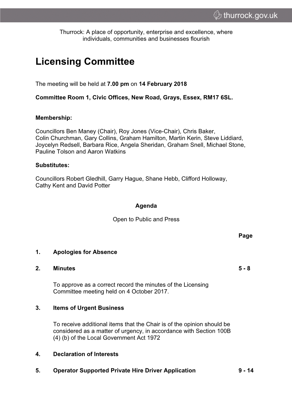 (Public Pack)Agenda Document for Licensing Committee, 14/02/2018