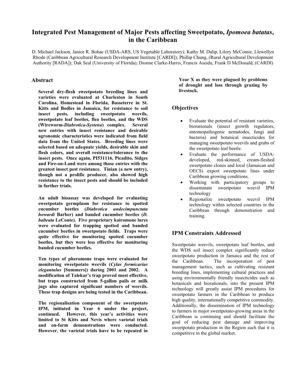 Integrated Pest Management of Major Pests Affecting Sweetpotato, Ipomoea Batatas, in the Caribbean