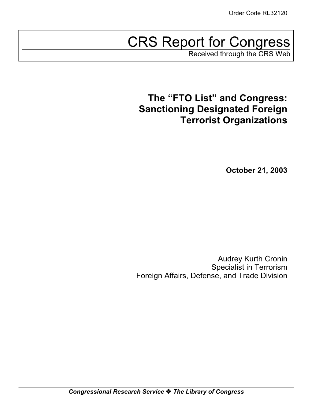 "FTO List" and Congress: Sanctioning Designated Foreign Terrorist