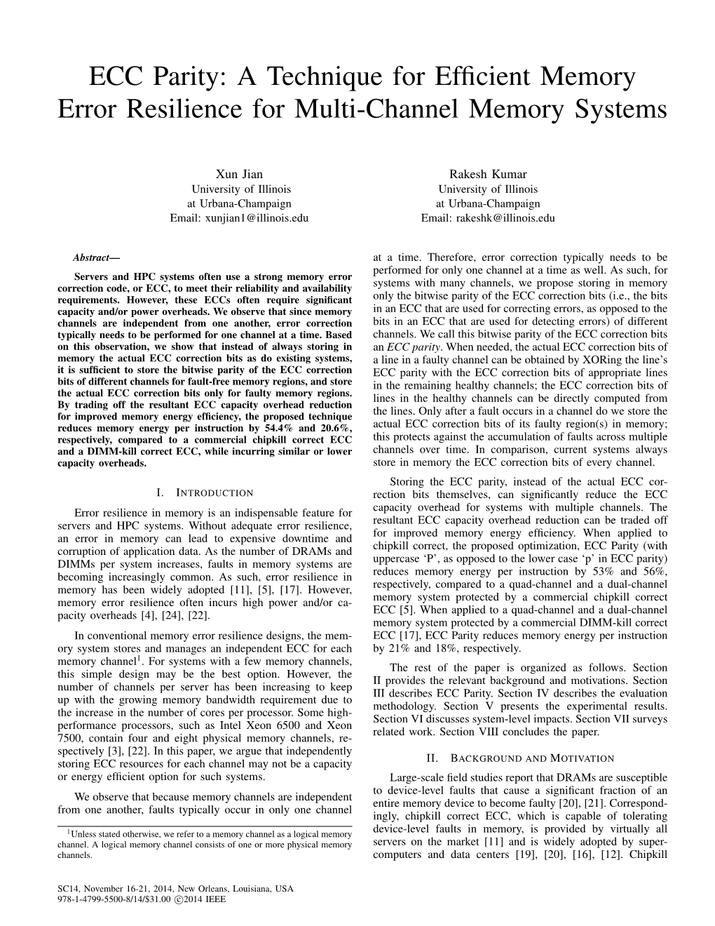 ECC Parity: a Technique for Efficient Memory Error Resilience for Multi