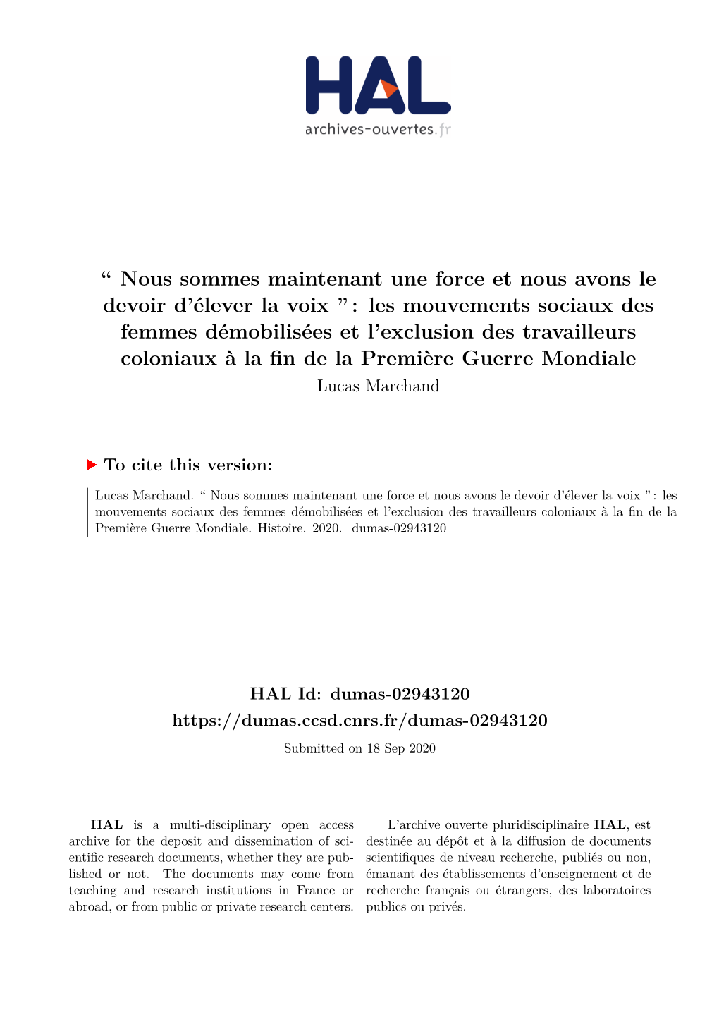 Les Mouvements Sociaux Des Femmes Démobilisées Et L’Exclusion Des Travailleurs Coloniaux À La Fin De La Première Guerre Mondiale Lucas Marchand