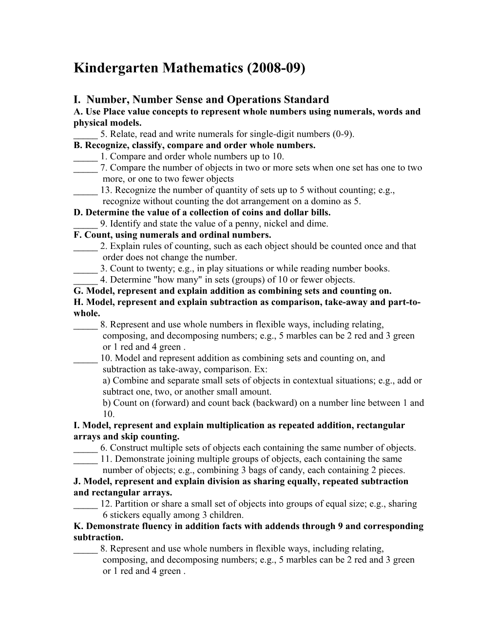 Kindergarten Mathematics Indicators