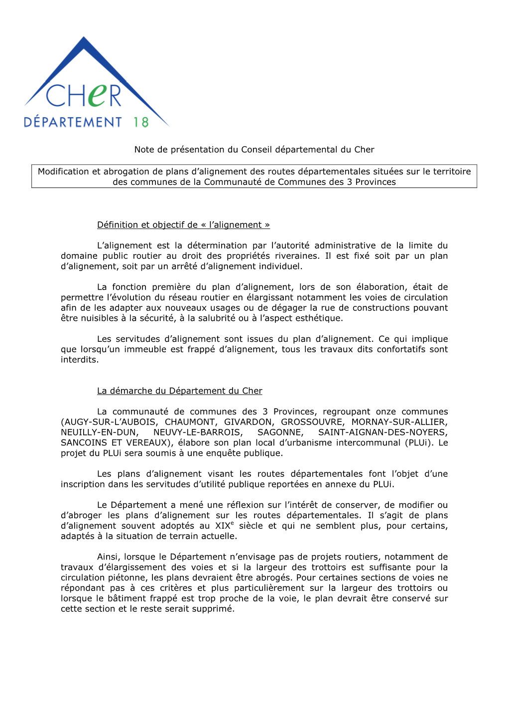 Note De Présentation Du Conseil Départemental Du Cher