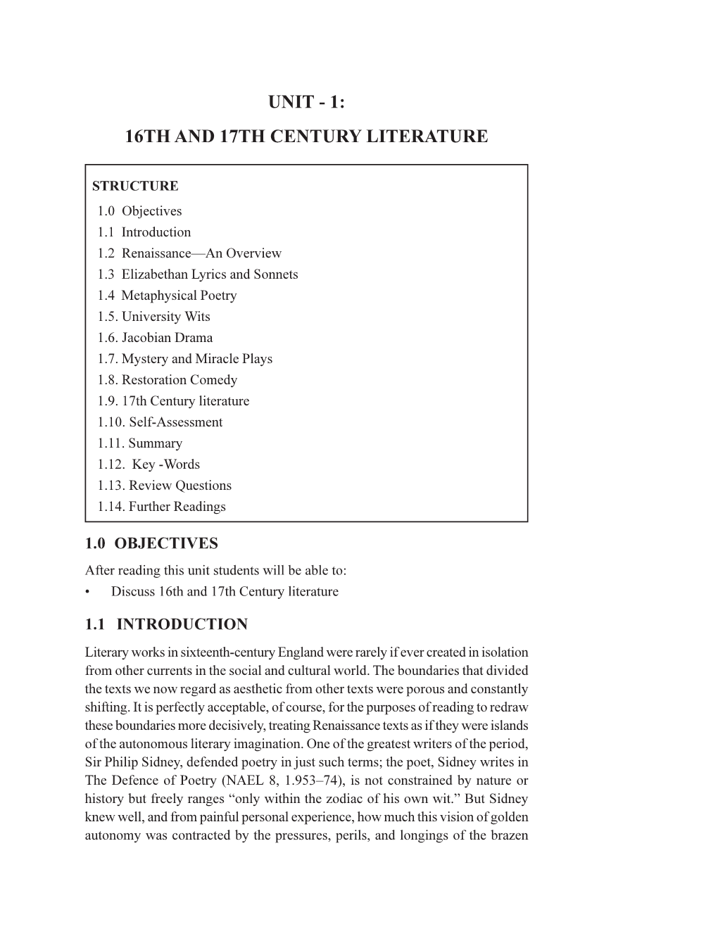Unit - 1: 16Th and 17Th Century Literature