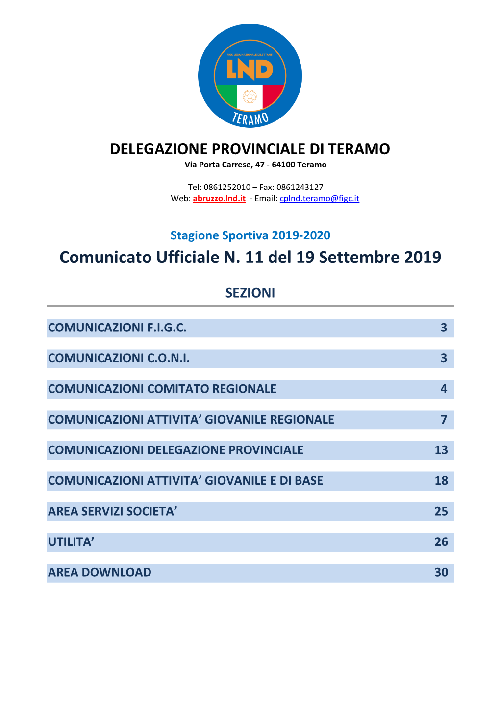 Comunicato Ufficiale N. 11 Del 19 Settembre 2019