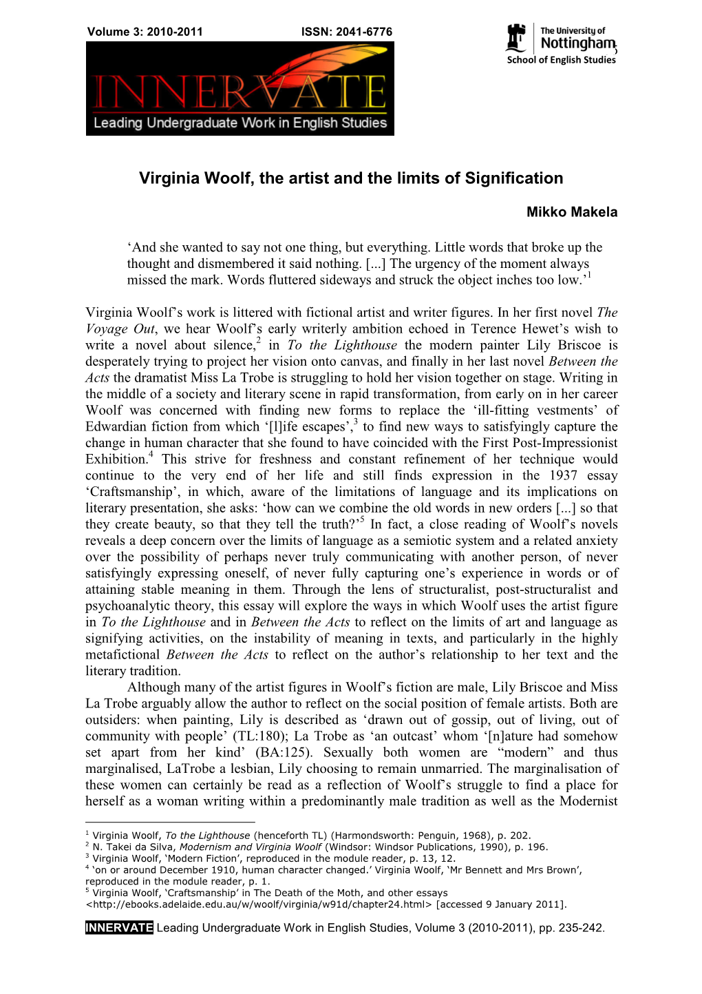 Virginia Woolf, the Artist and the Limits of Signification