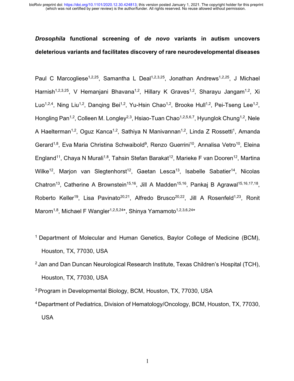 Drosophila Functional Screening of De Novo Variants in Autism Uncovers