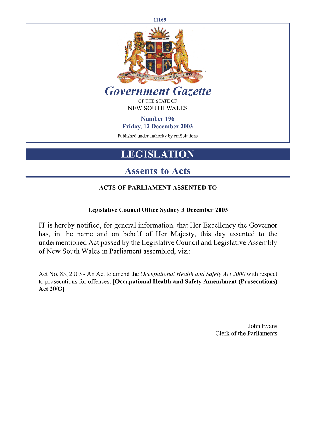 Government Gazette of the STATE of NEW SOUTH WALES Number 196 Friday, 12 December 2003 Published Under Authority by Cmsolutions