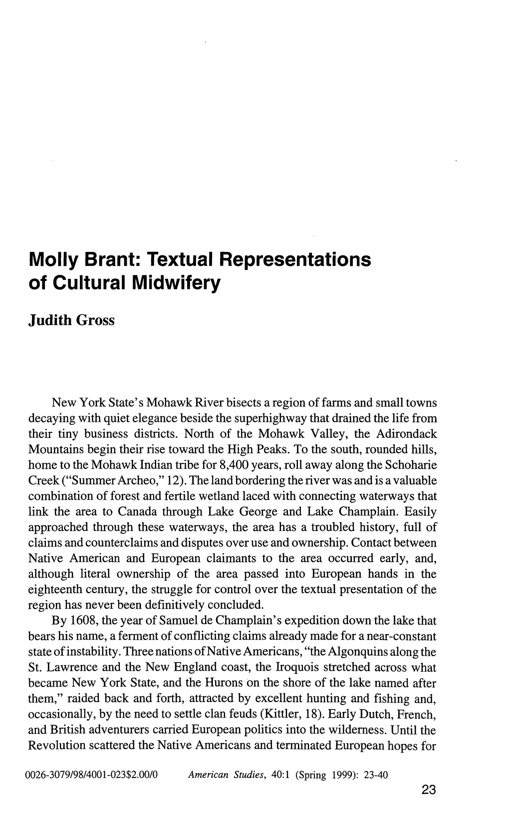 Molly Brant: Textual Representations of Cultural Midwifery Judith Gross