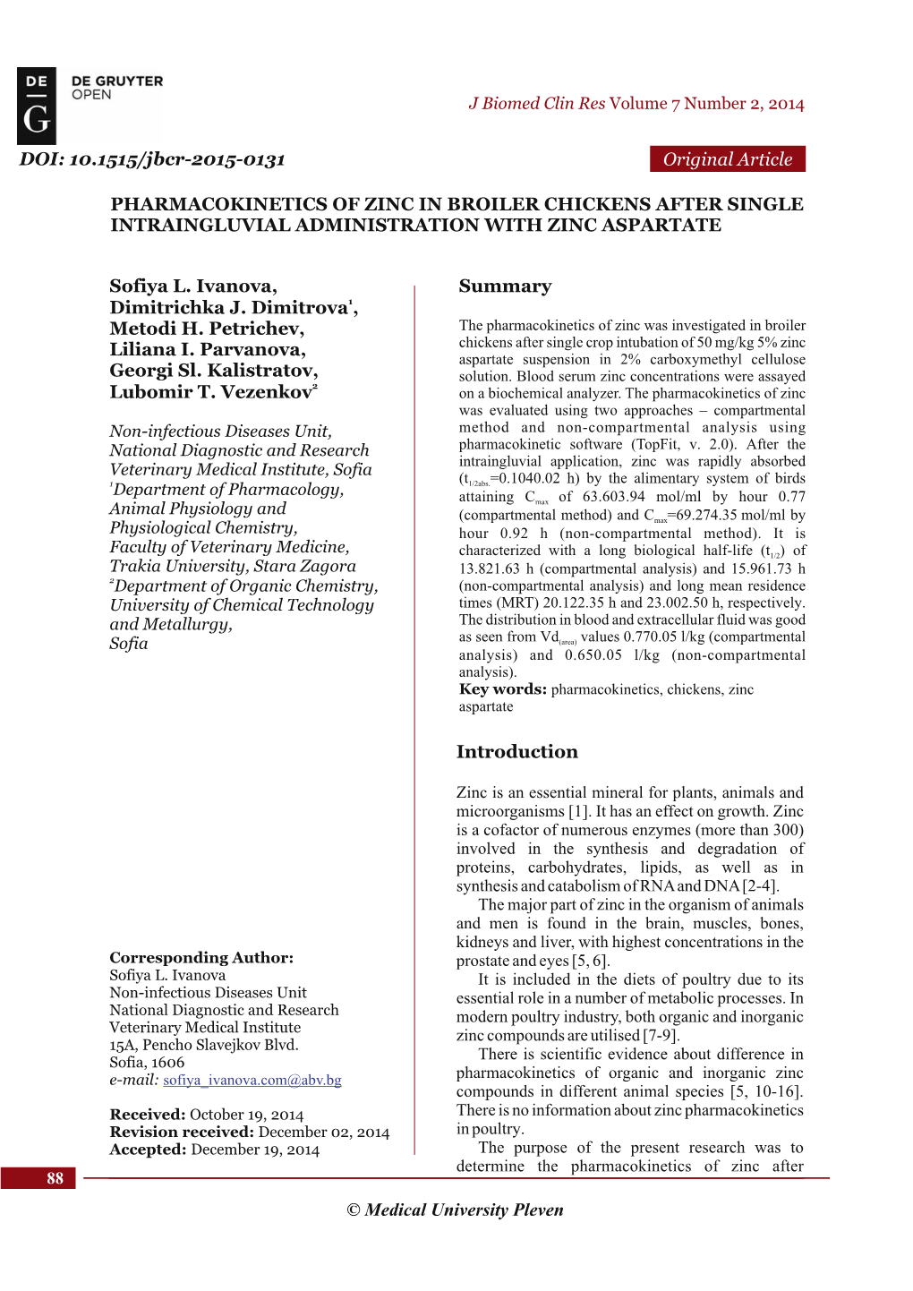 Original Article PHARMACOKINETICS of ZINC in BROILER CHICKENS