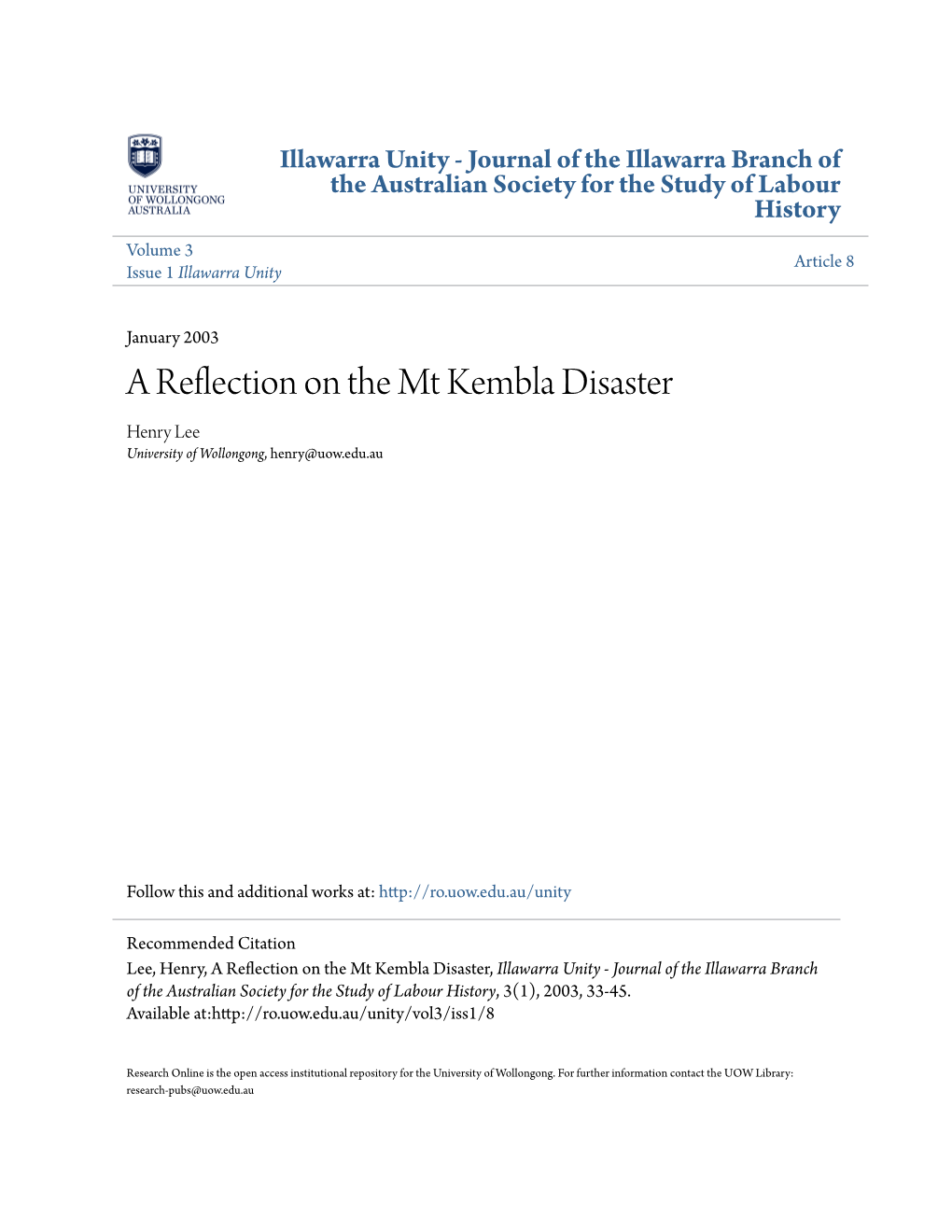 A Reflection on the Mt Kembla Disaster Henry Lee University of Wollongong, Henry@Uow.Edu.Au