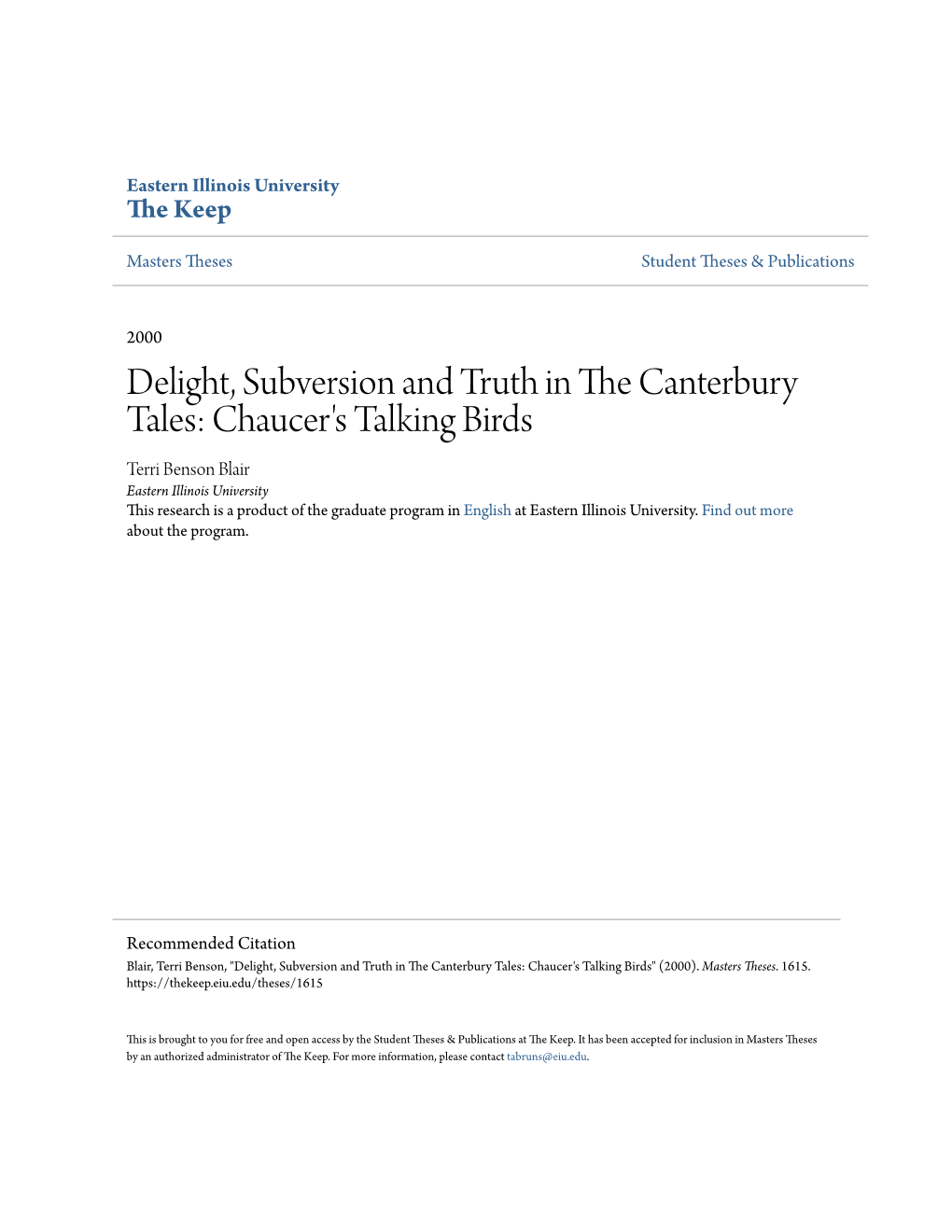 Delight, Subversion and Truth in the Canterbury Tales: Chaucer's Talking Birds