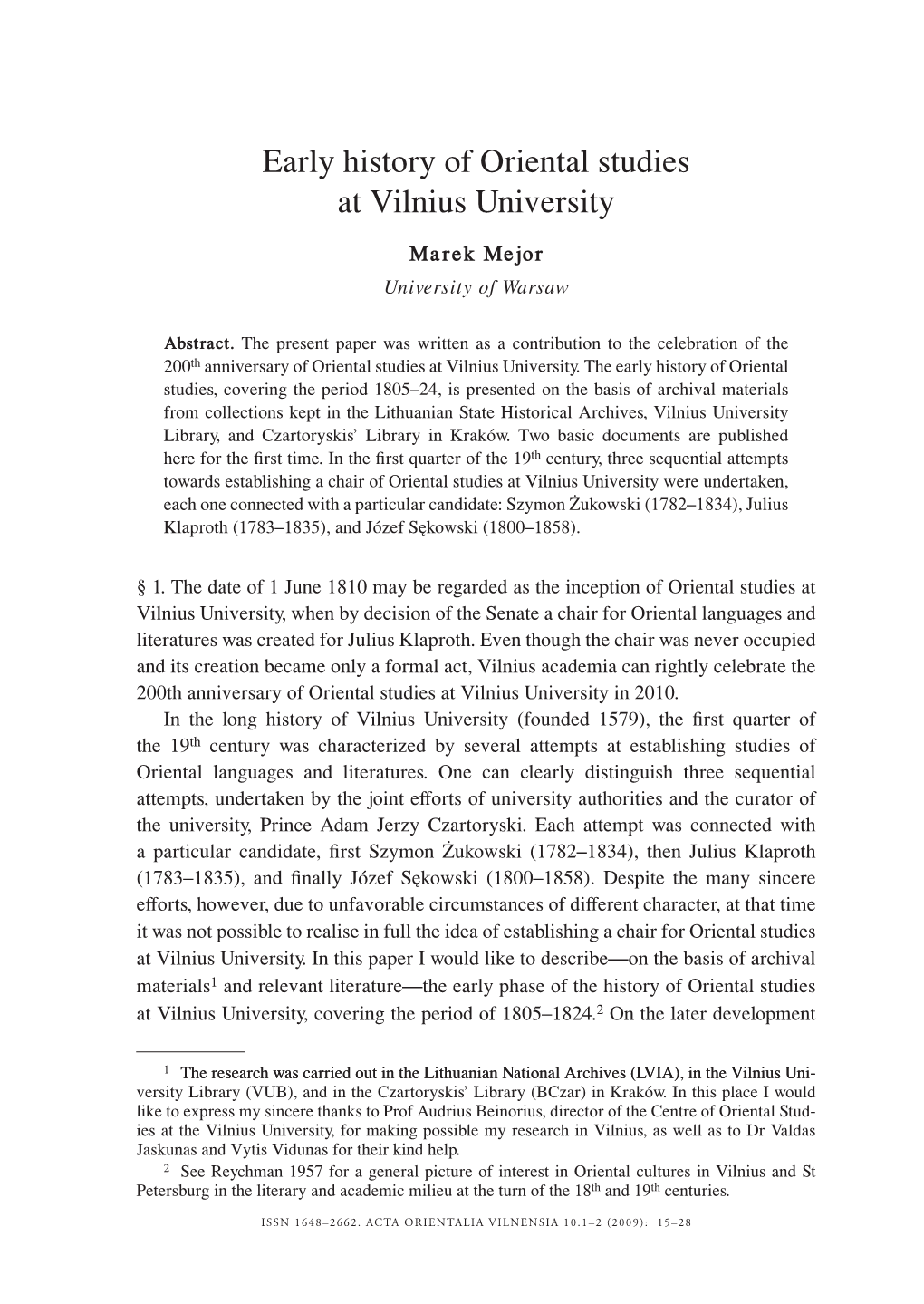 Early History of Oriental Studies at Vilnius University