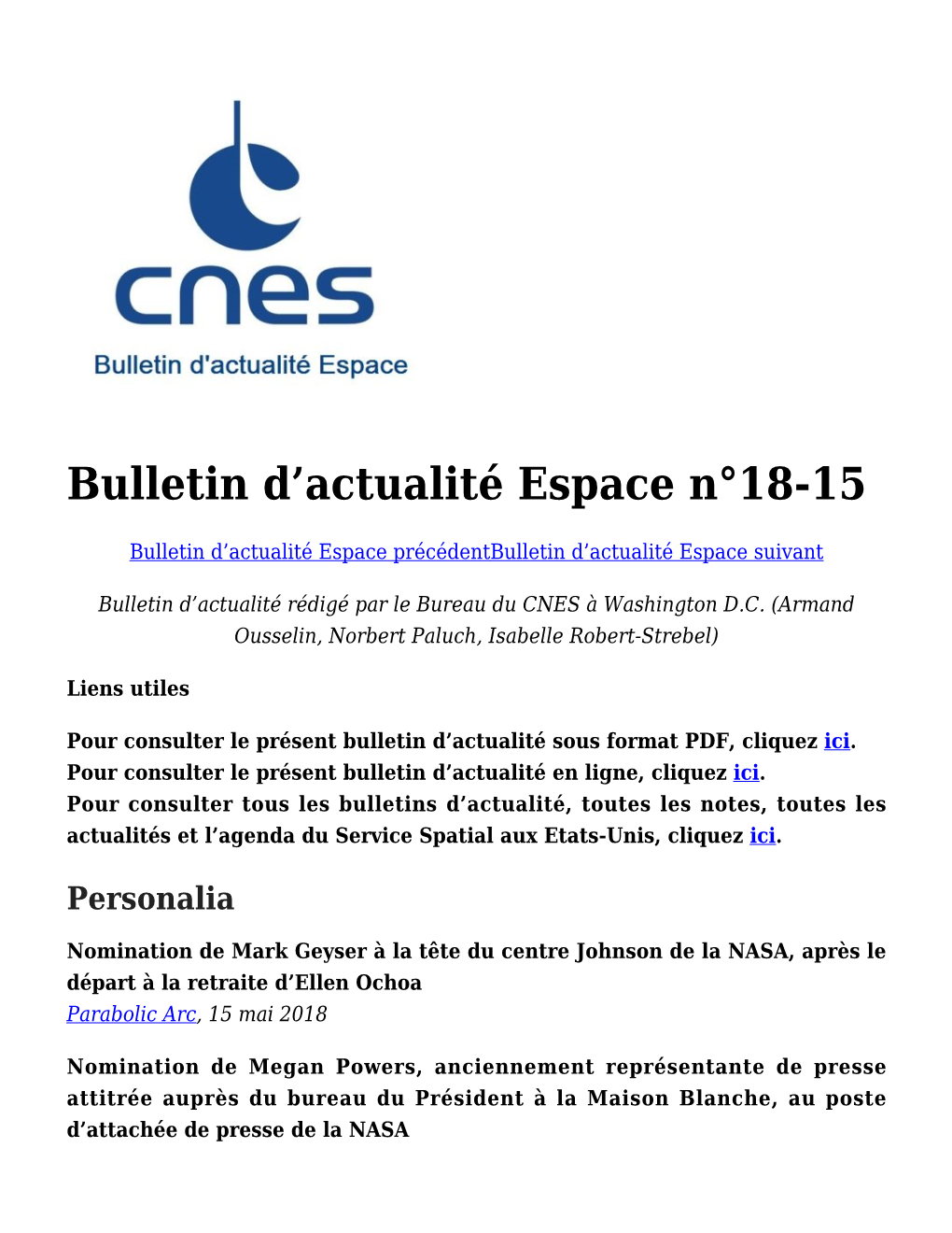 Bulletin D'actualité Espace N°18-15