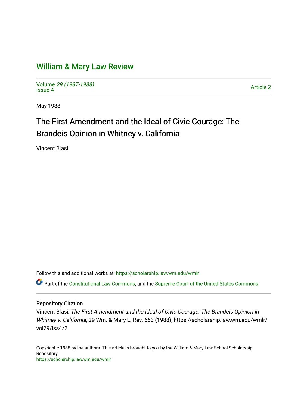 The First Amendment and the Ideal of Civic Courage: the Brandeis Opinion in Whitney V