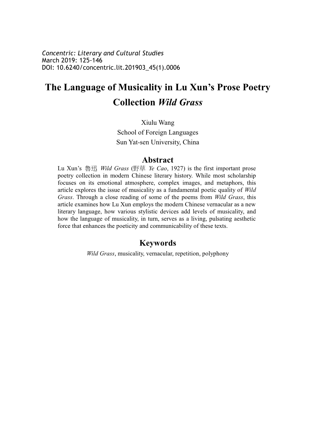 The Language of Musicality in Lu Xun's Prose Poetry Collection Wild