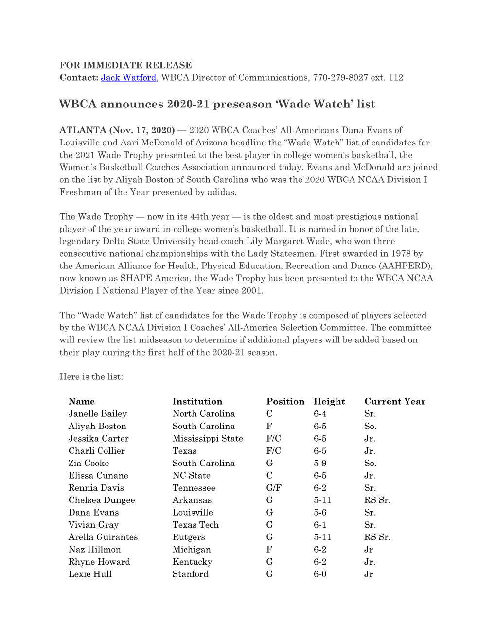 Wade Watch’ List