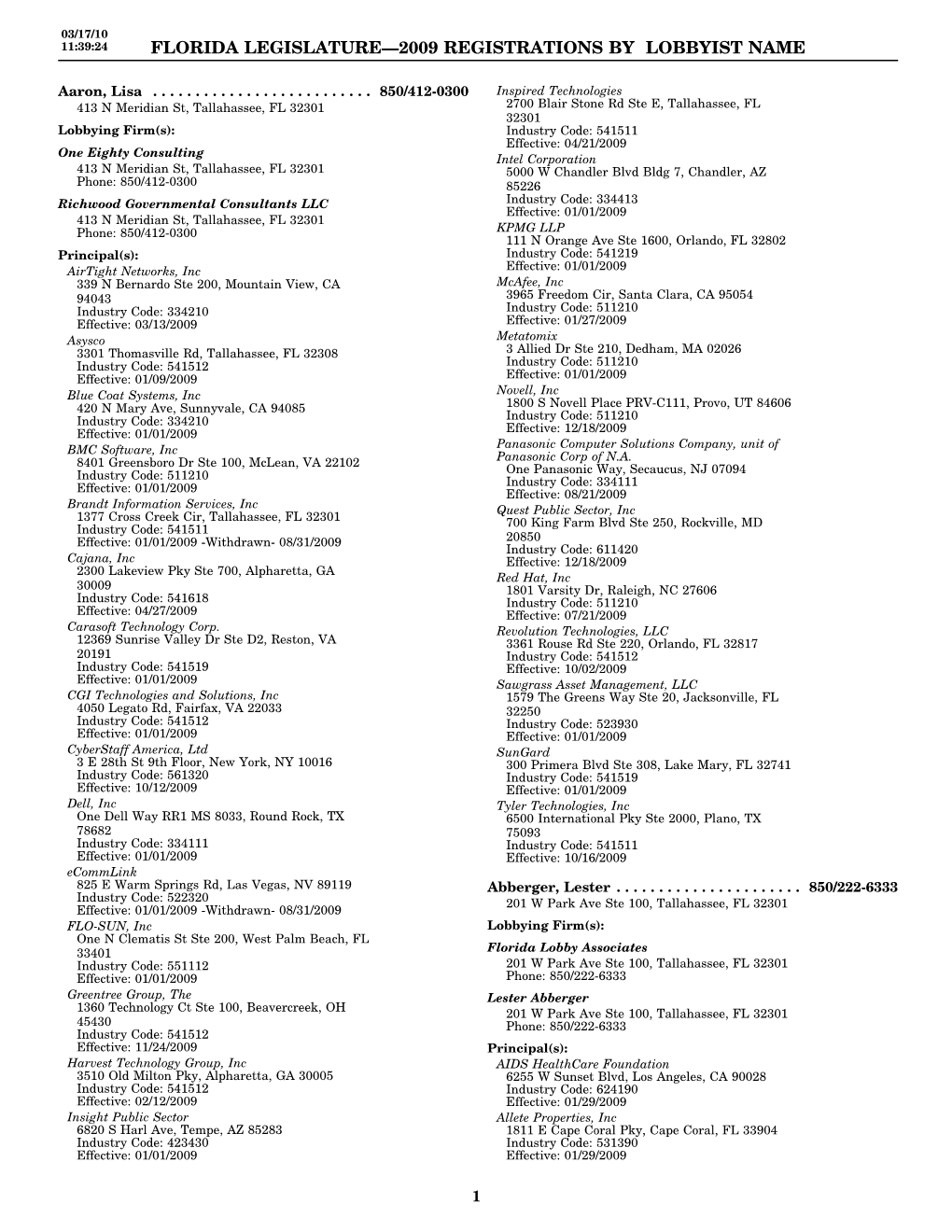 Florida Legislature—2009 Registrations by Lobbyist Name