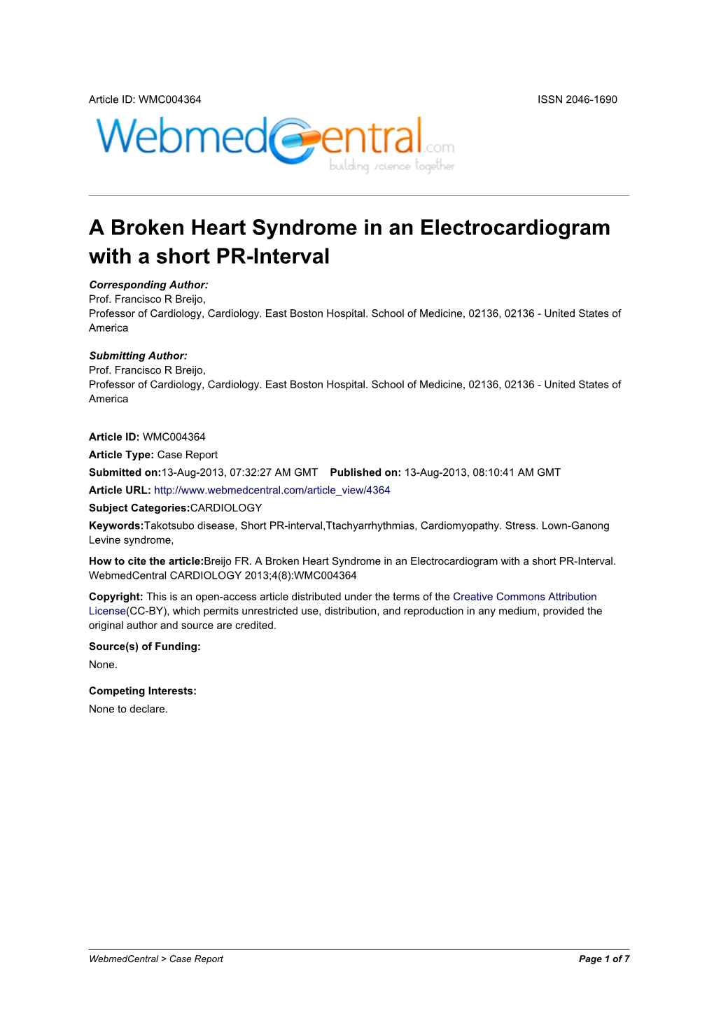 A Broken Heart Syndrome in an Electrocardiogram with a Short PR-Interval