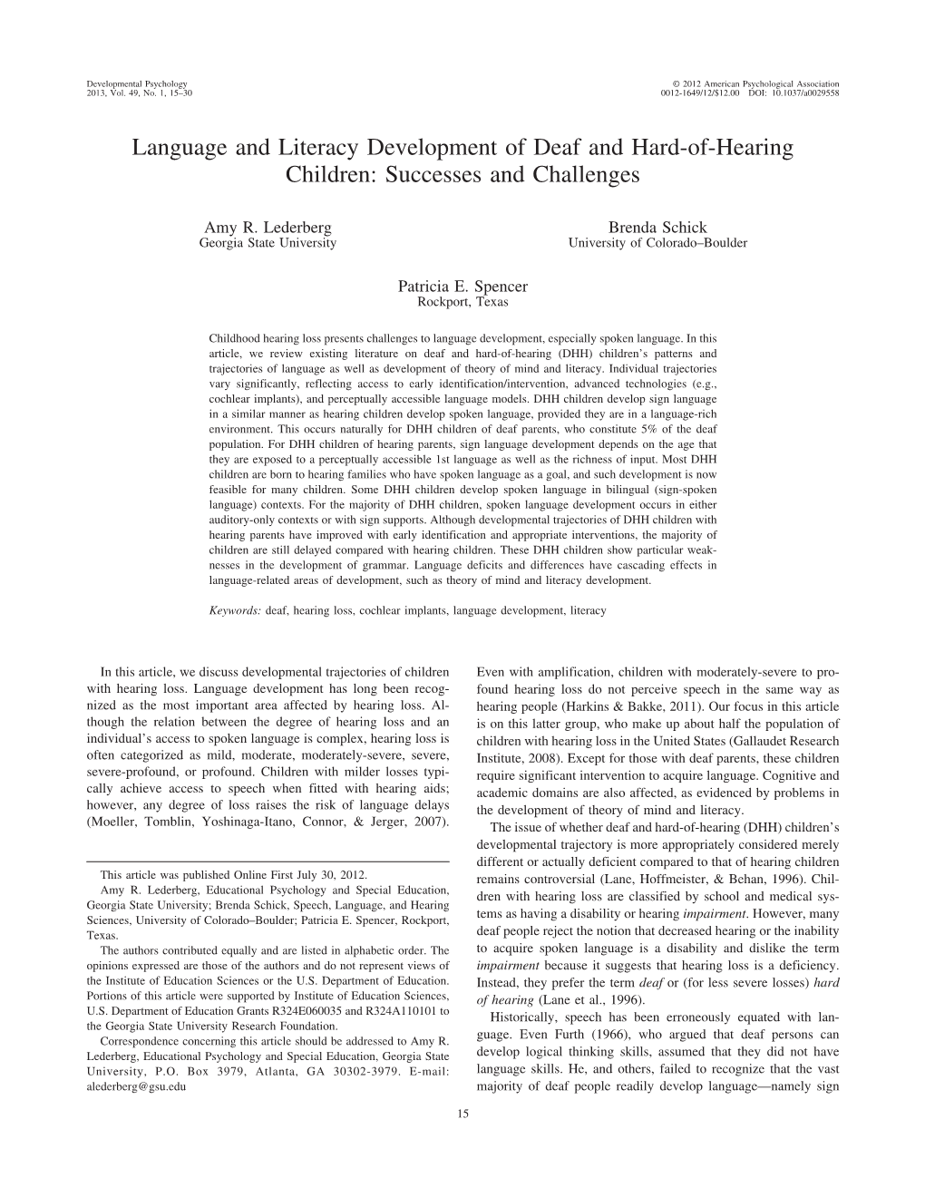 Language and Literacy Development of Deaf and Hard-Of-Hearing Children: Successes and Challenges