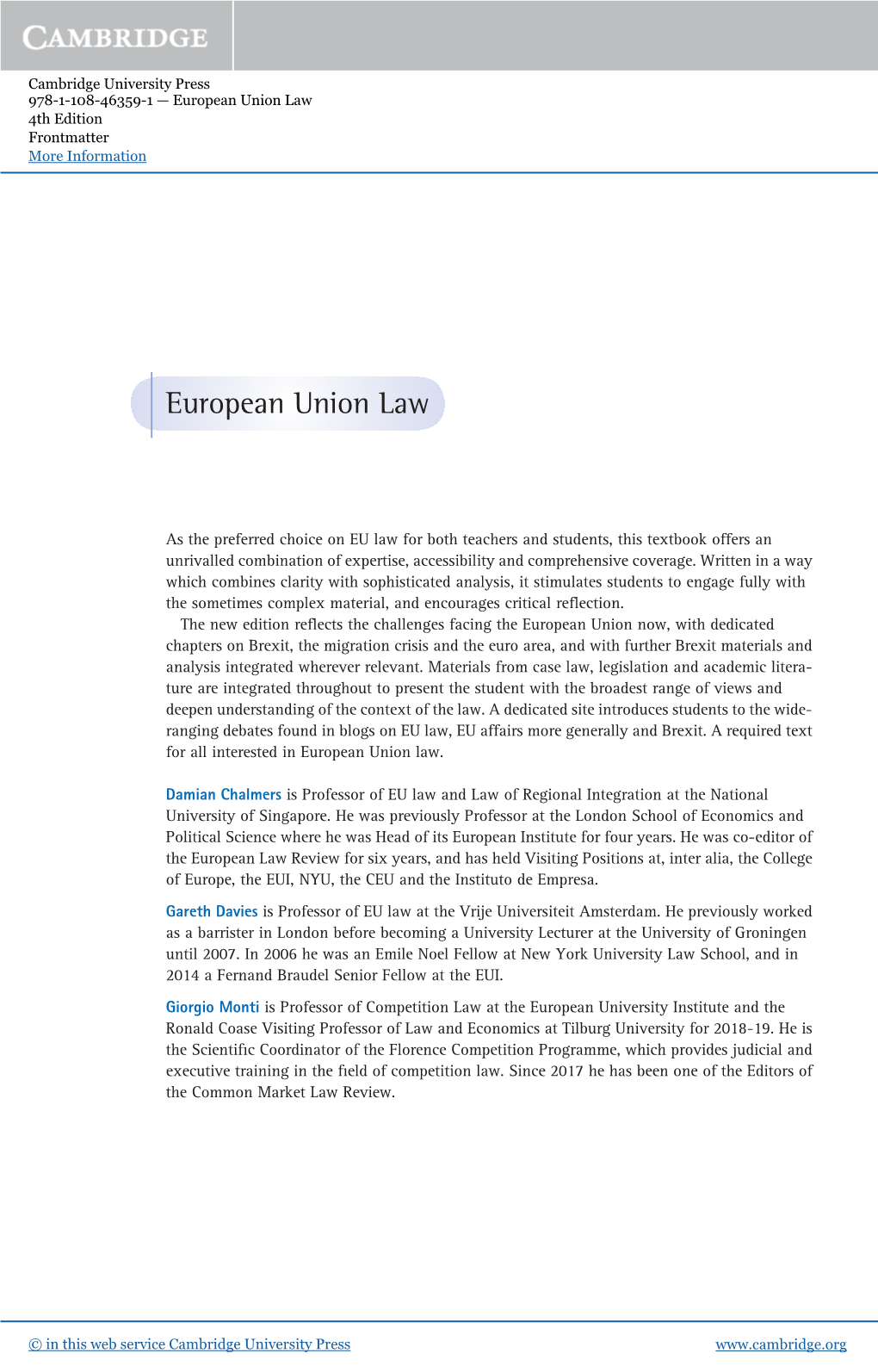 European Union Law 4Th Edition Frontmatter More Information