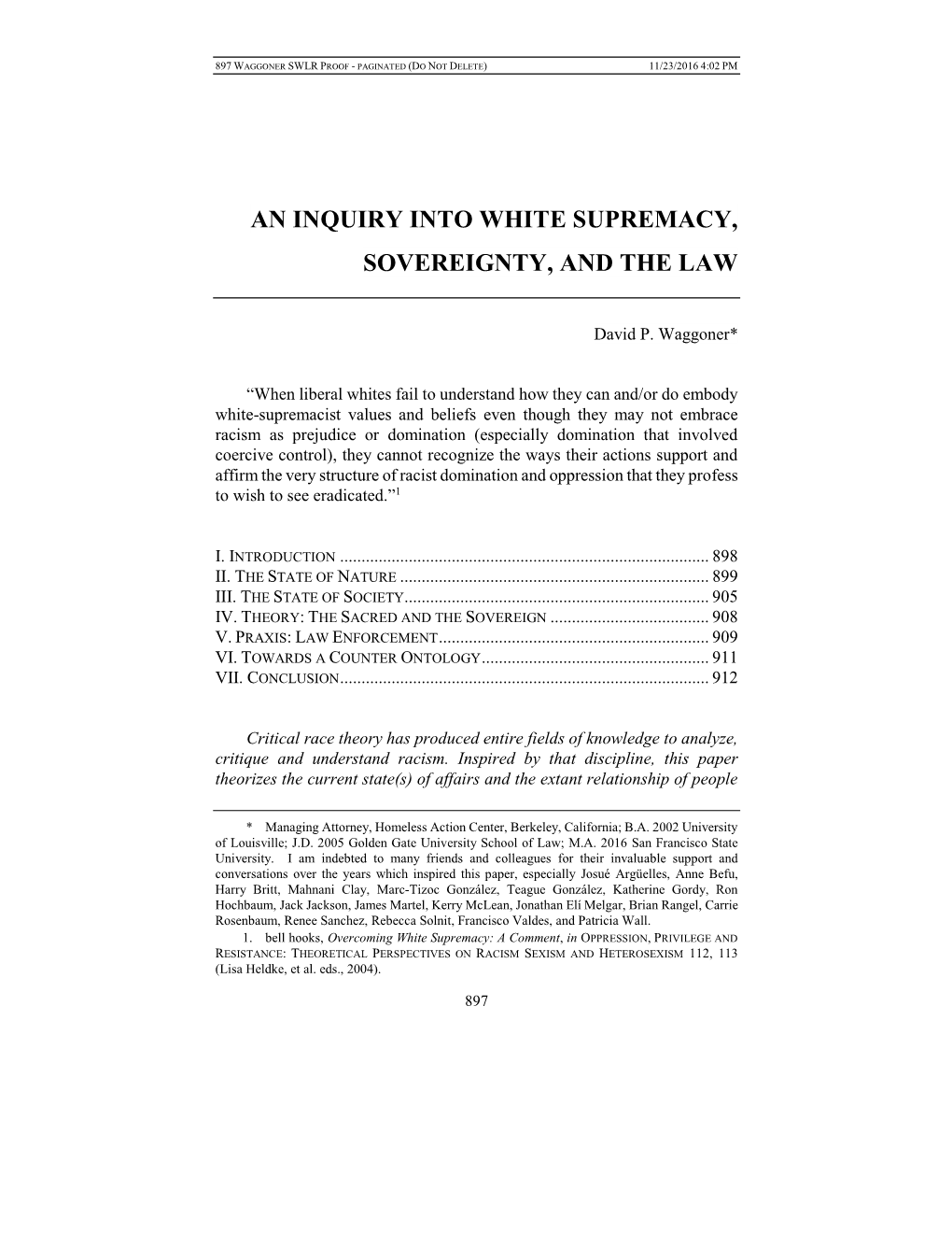 An Inquiry Into White Supremacy, Sovereignty, and the Law