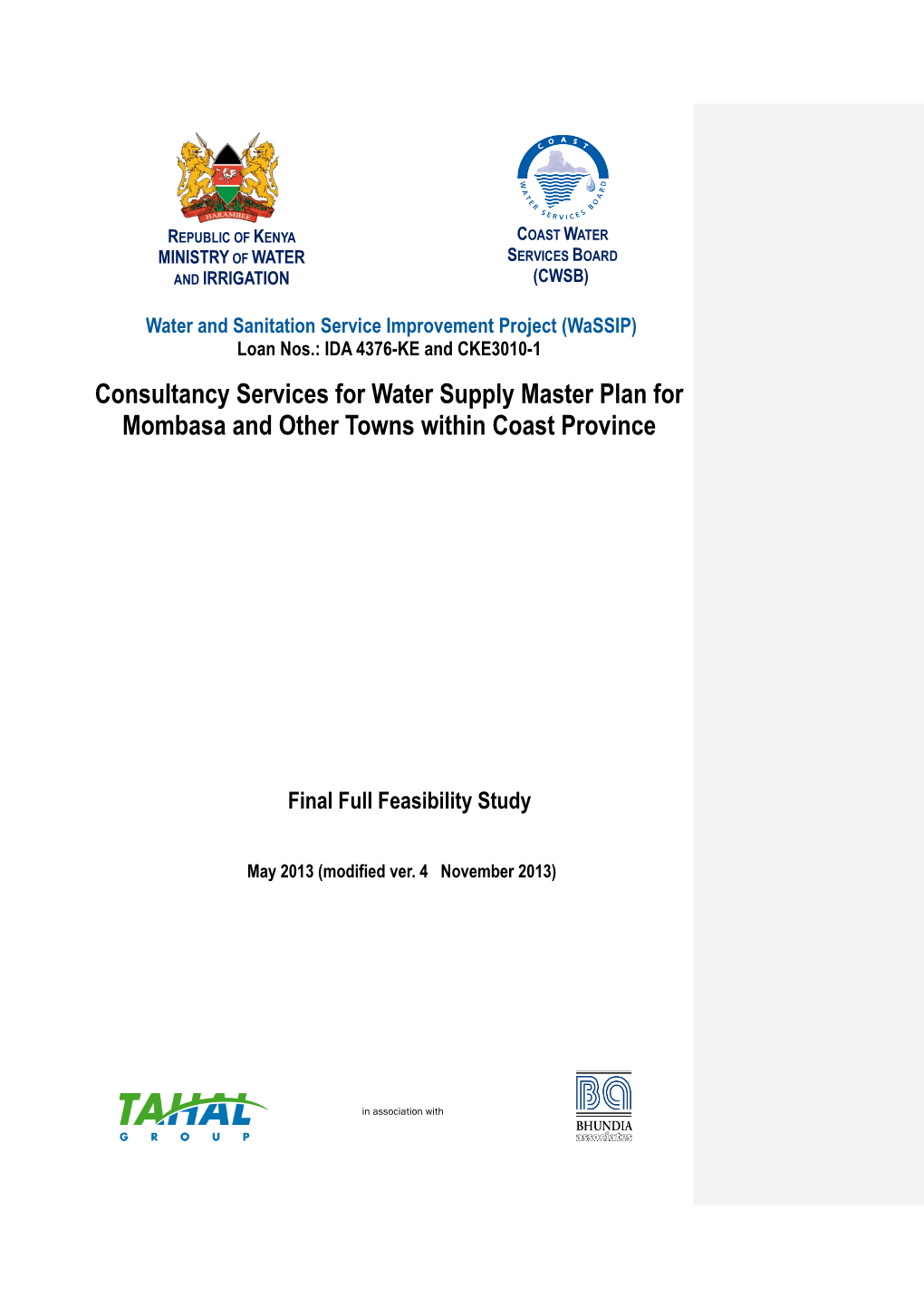 Consultancy Services for Water Supply Master Plan for Mombasa and Other Towns Within Coast Province